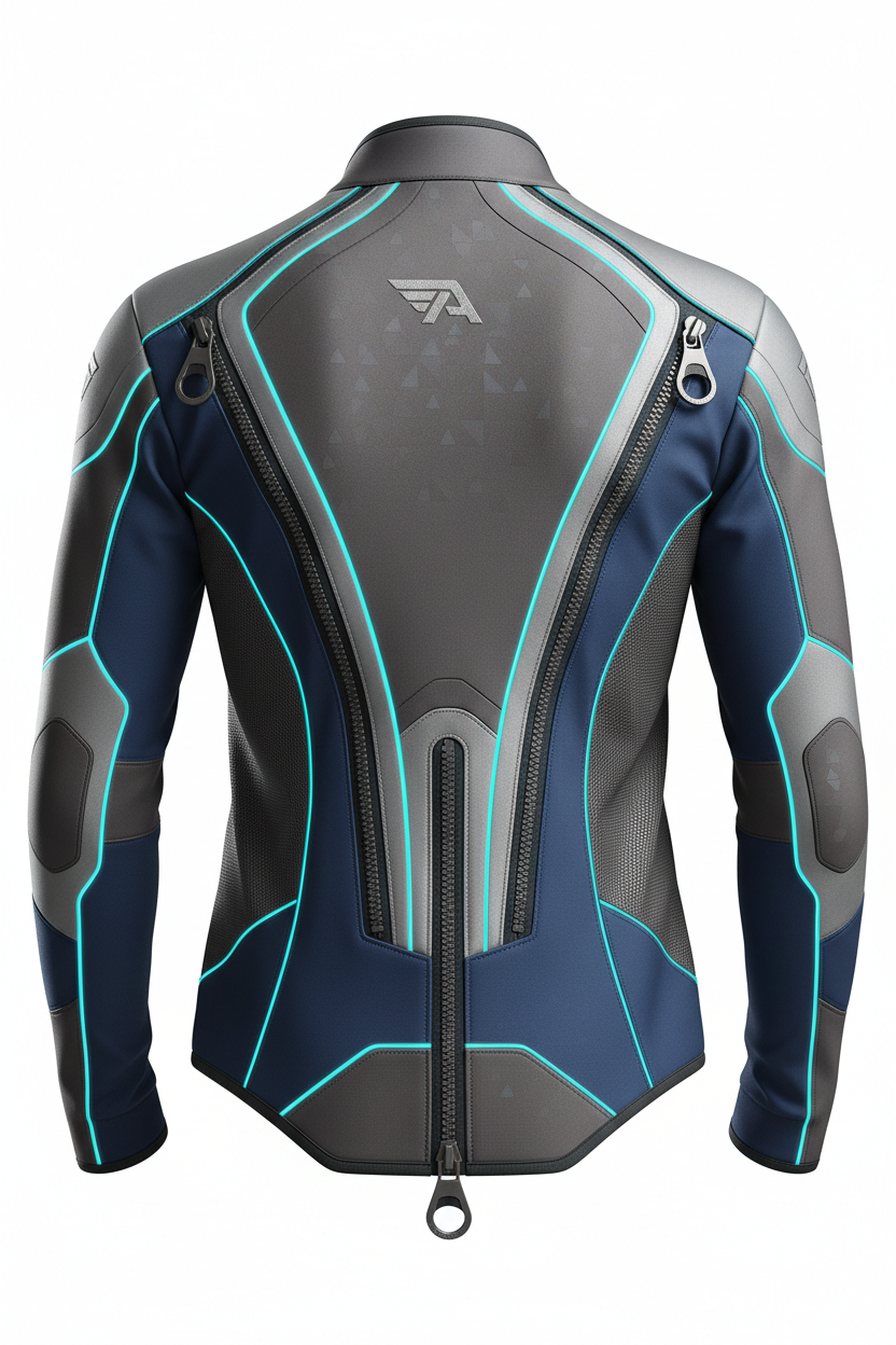 Futuristic adaptive jacket - back view with zipper