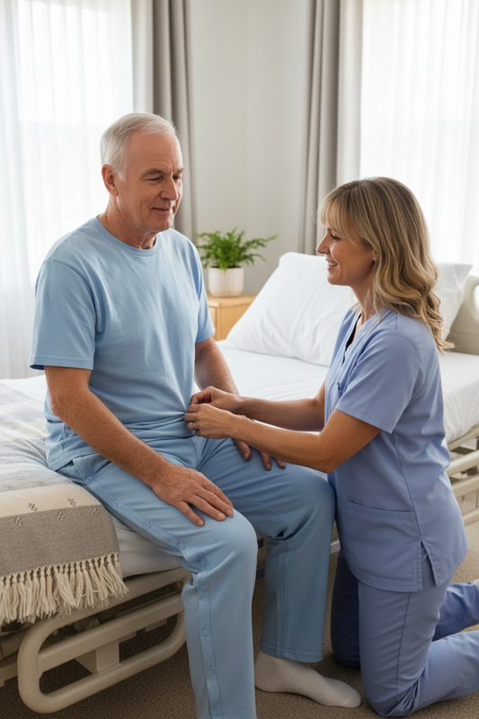 Caregiver helping person with adaptive pajamas