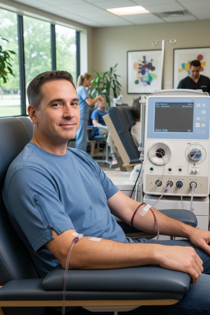 Man in dialysis wearing adaptive infusion cardigan