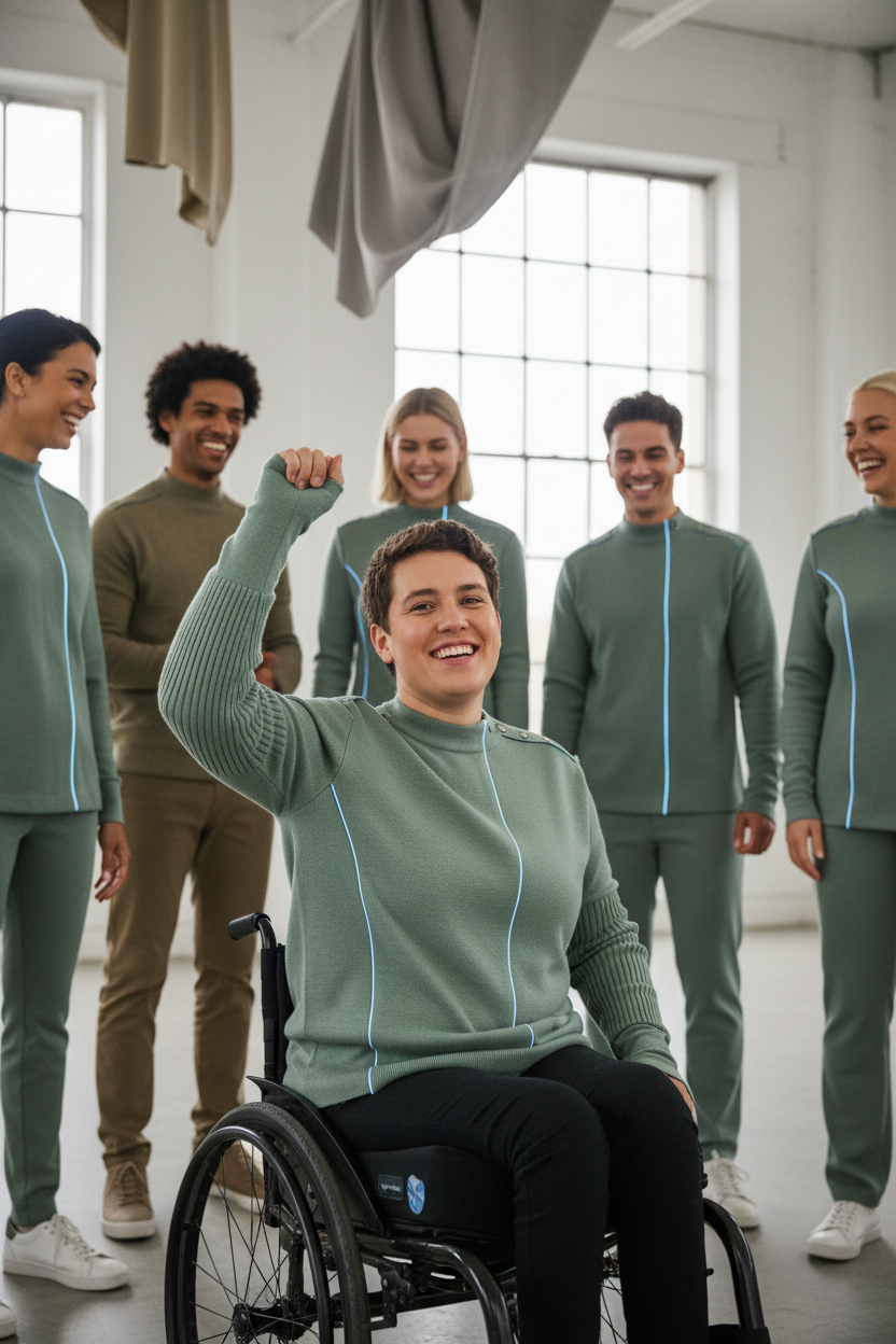 Sage green adaptive sweater worn by person with disability
