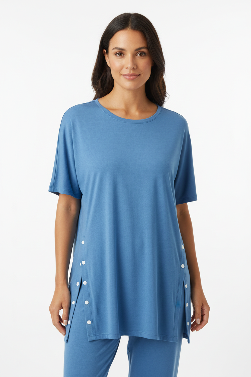 Blue Adaptive Pajama Top with Side Openings