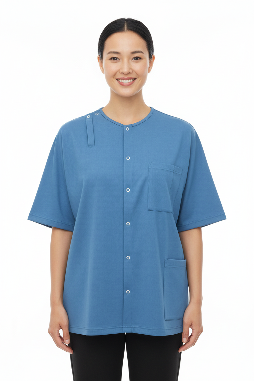 Blue Adaptive Post-Surgery Shirt on Model