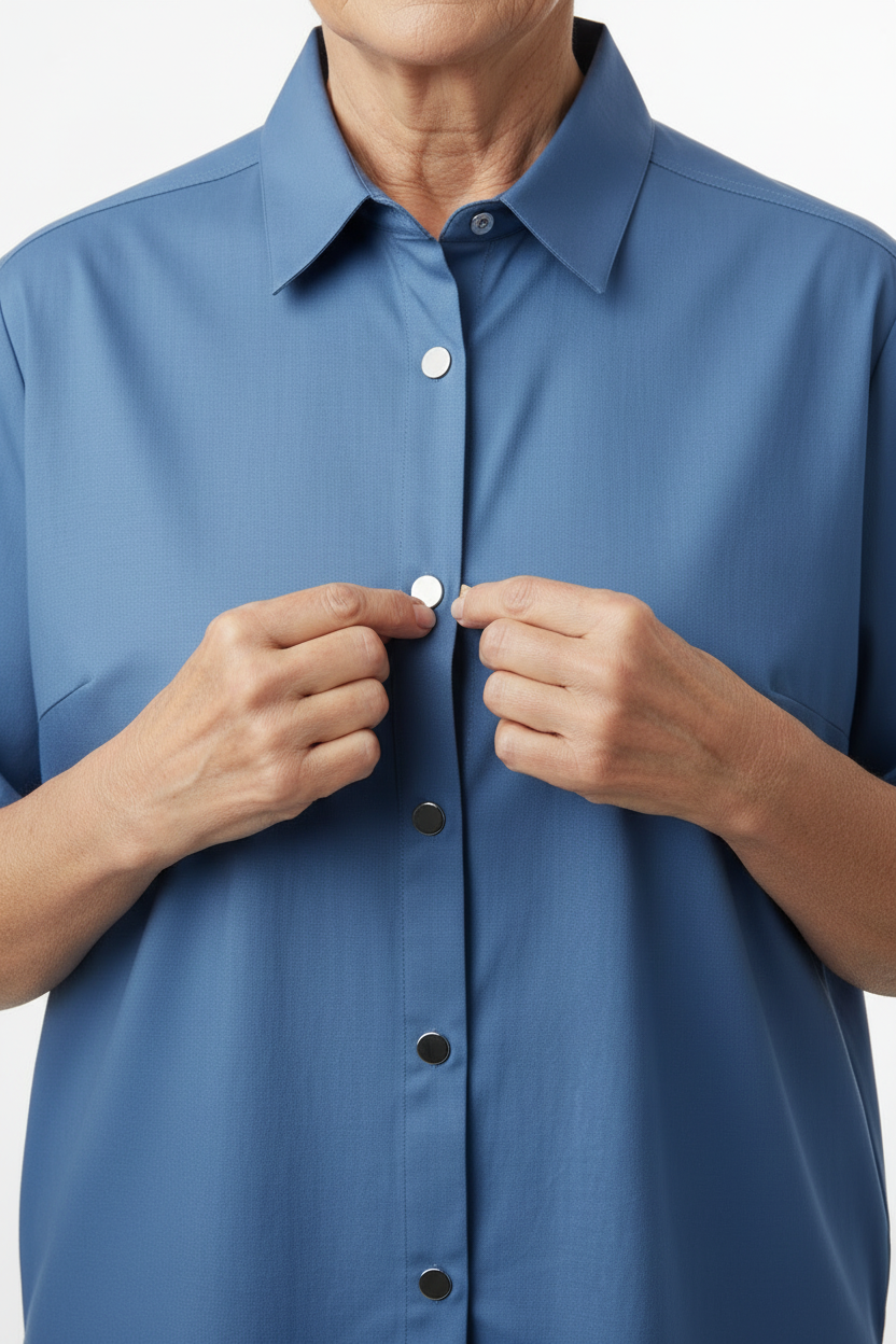 Blue Adaptive Shirt - Magnetic Closures Demonstrated