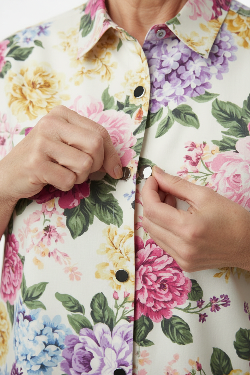 Floral Adaptive Shirt - Magnetic Closures Demonstrated