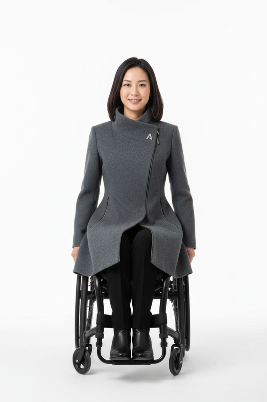 Adaptive wheelchair coat for women - front view