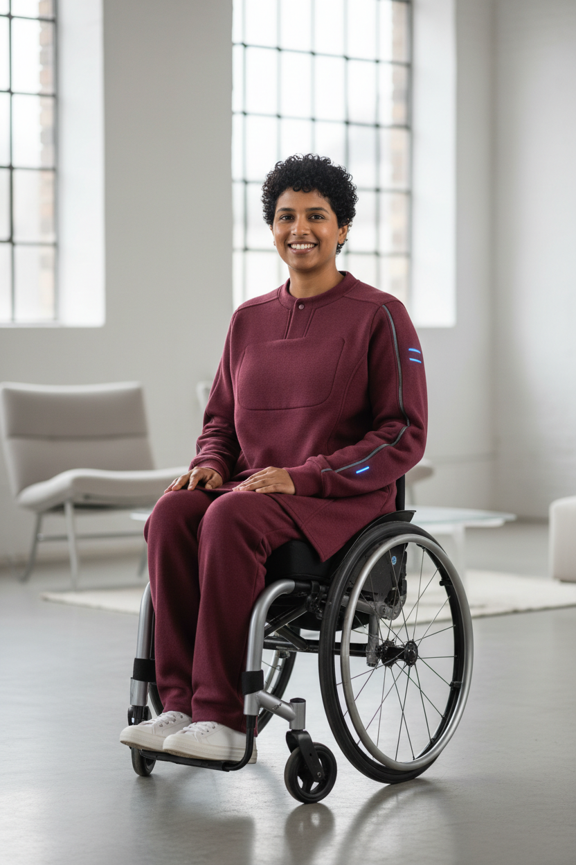 Burgundy adaptive sweater worn by wheelchair user