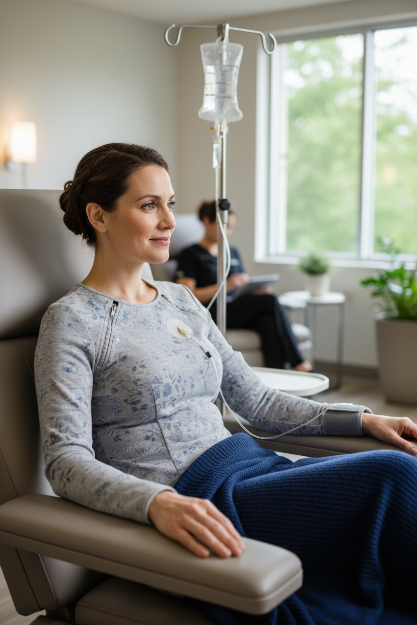 Woman wearing adaptive infusion dress during treatment