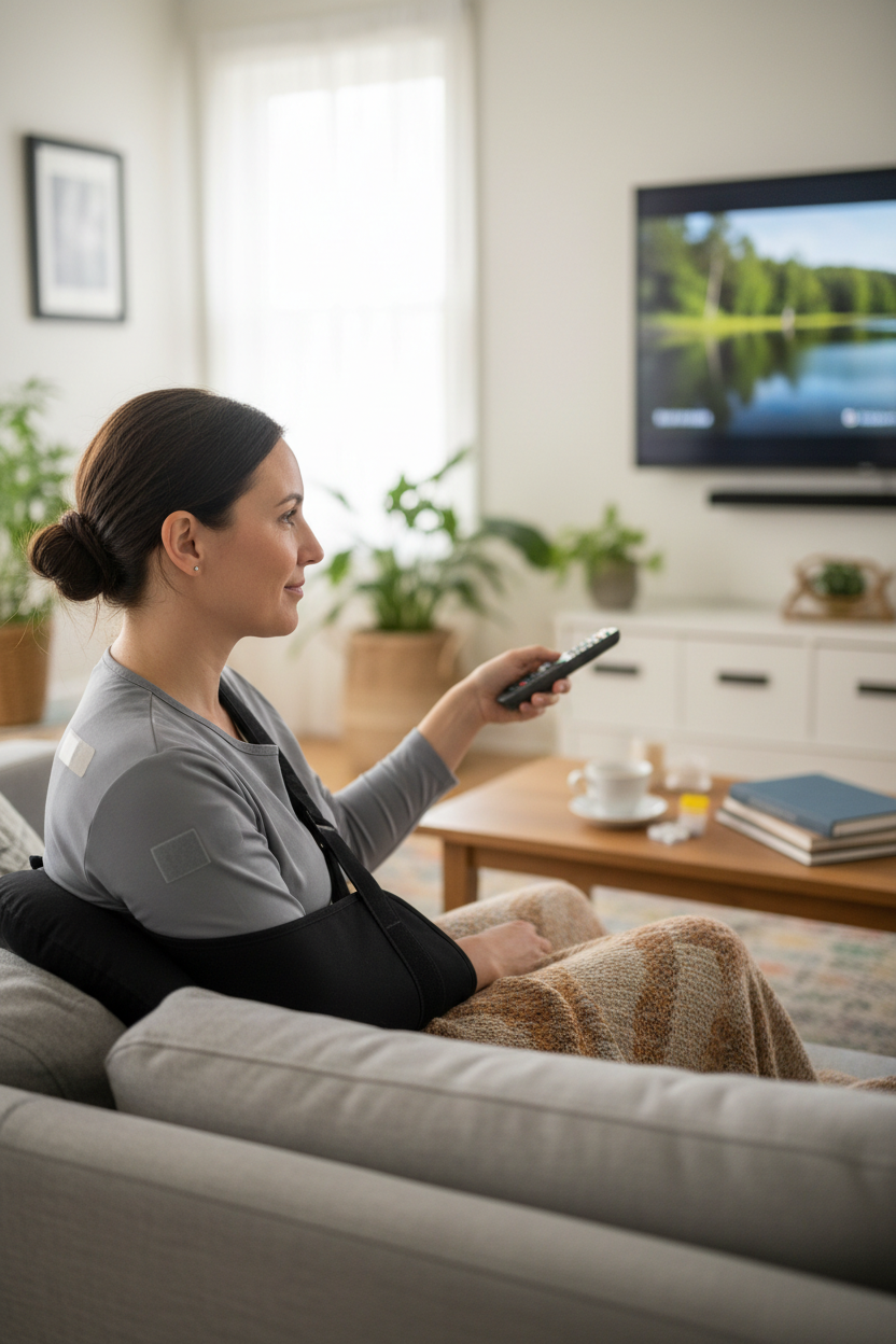 Person recovering from shoulder surgery wearing adaptive shirt