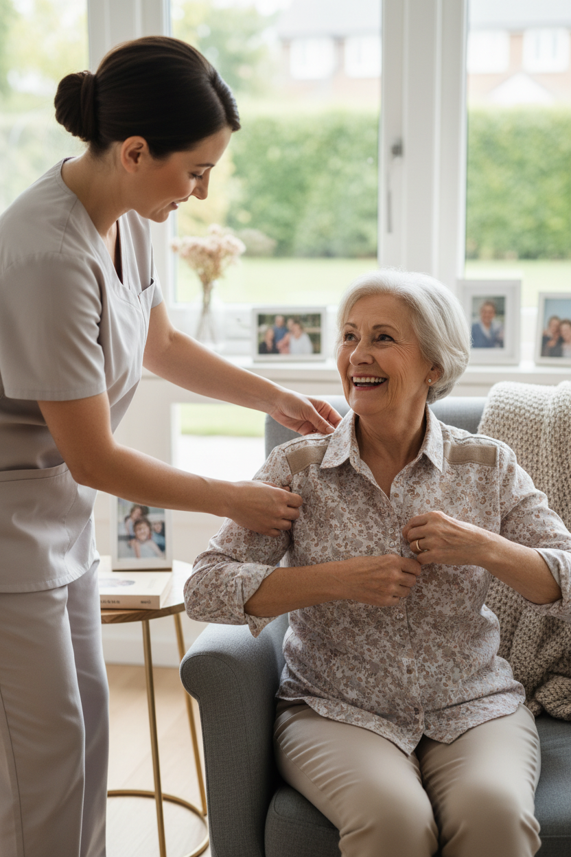 Senior woman with caregiver wearing adaptive shirt