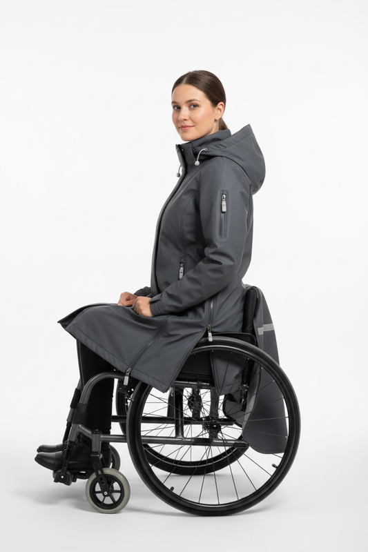 Adaptive wheelchair coat - side view with openings