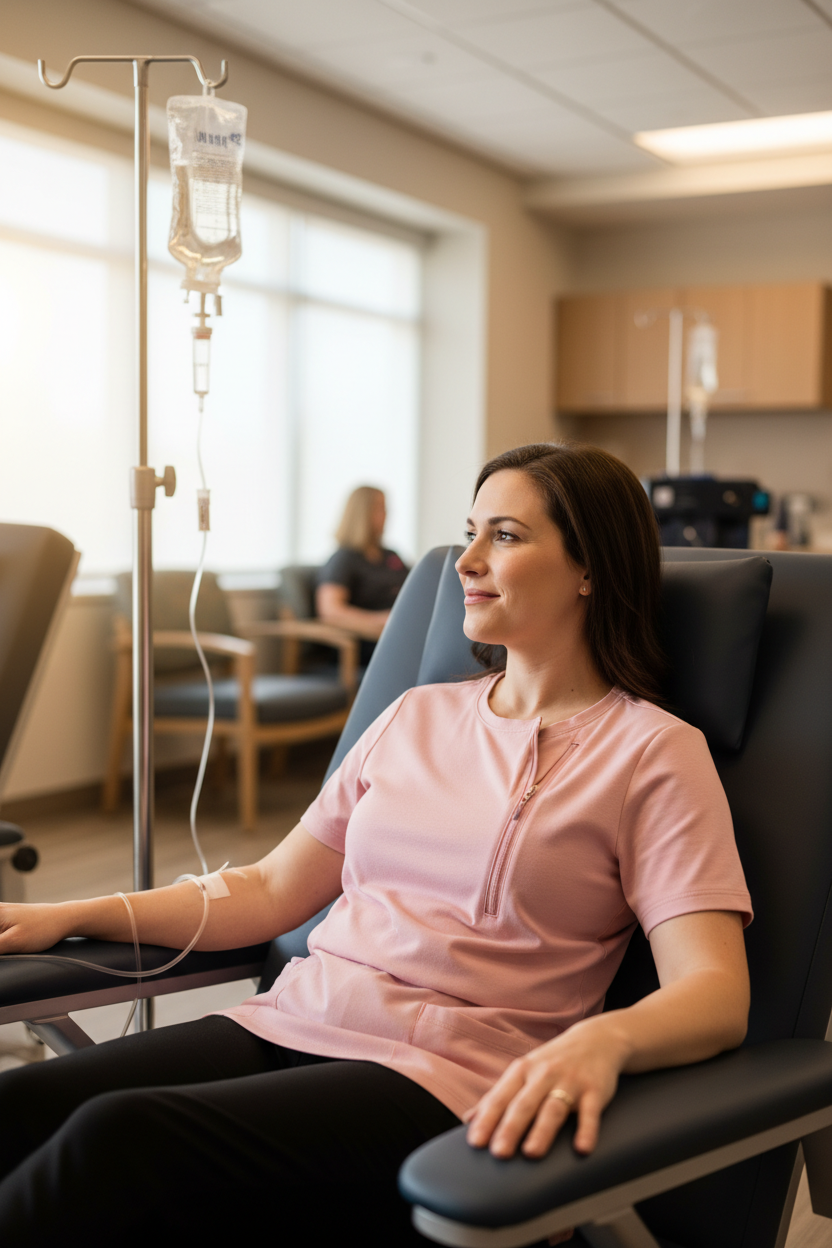 Woman receiving chemotherapy wearing adaptive cardigan in pink