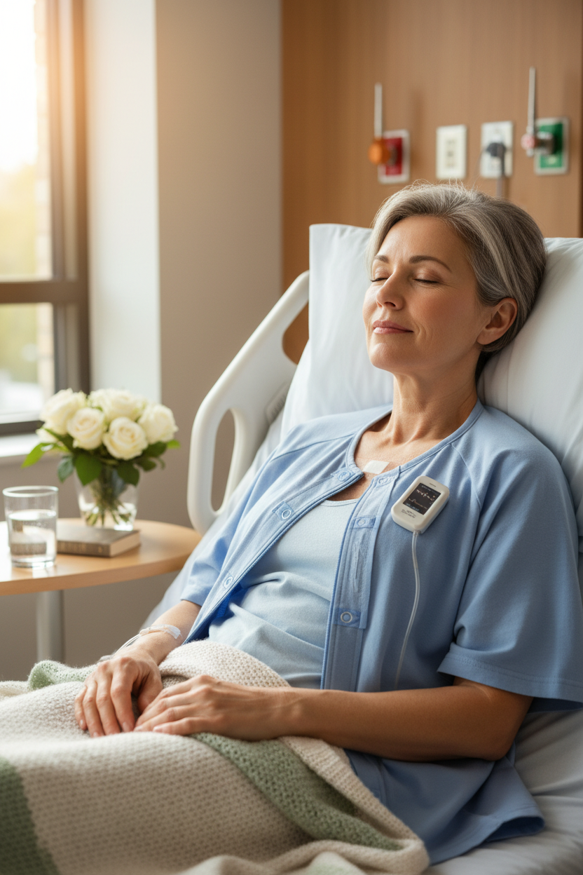Woman after heart surgery wearing adaptive post-surgery shirt