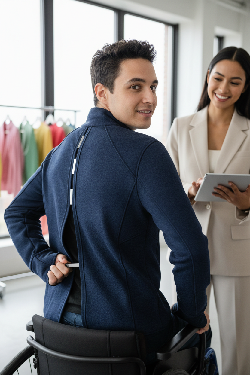 Navy blue adaptive sweater worn by person with special needs