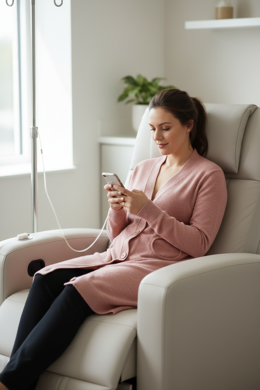 Pink Adaptive Infusion Cardigan - Lifestyle in Treatment Center