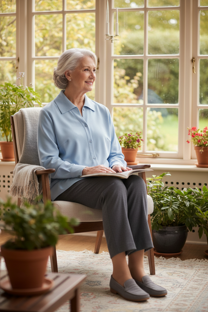 Elderly person wearing adaptive shirt in light blue