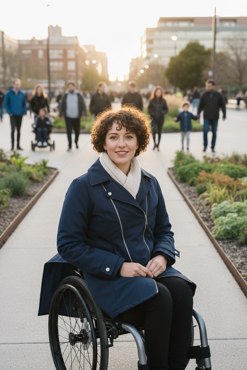 Woman in wheelchair wearing navy blue adaptive coat