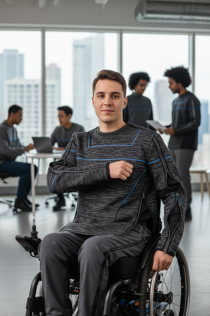 Charcoal adaptive sweater worn by person with mobility aid