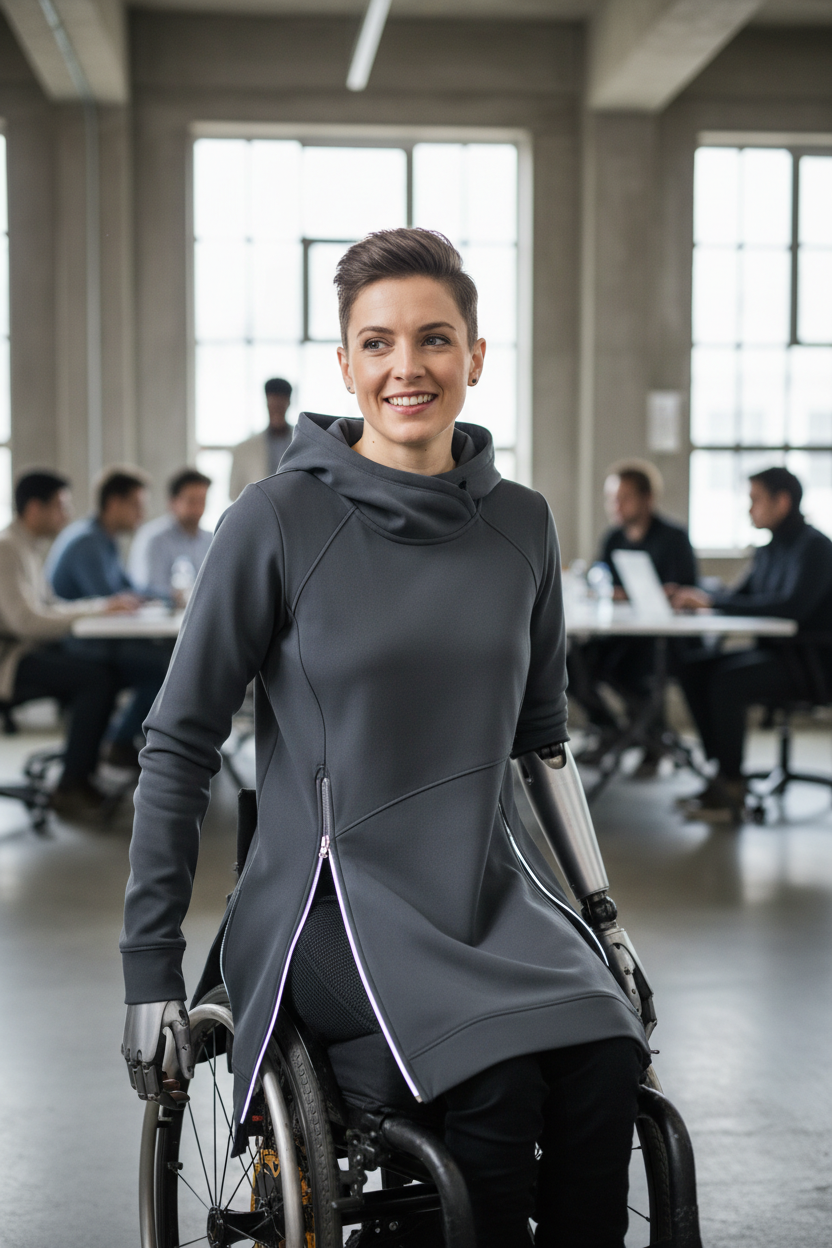 Dark gray adaptive hoodie worn by person with mobility aid