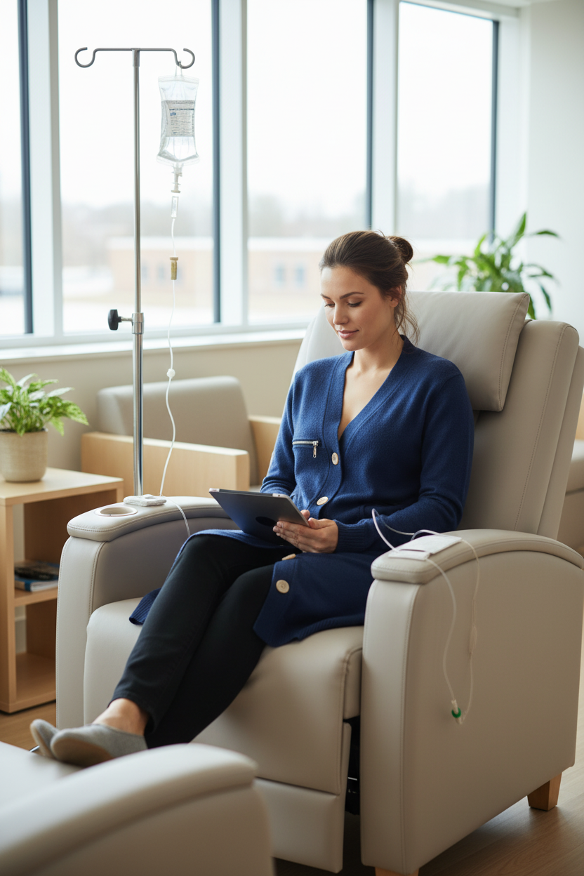 Blue Adaptive Infusion Cardigan - Lifestyle in Treatment Center