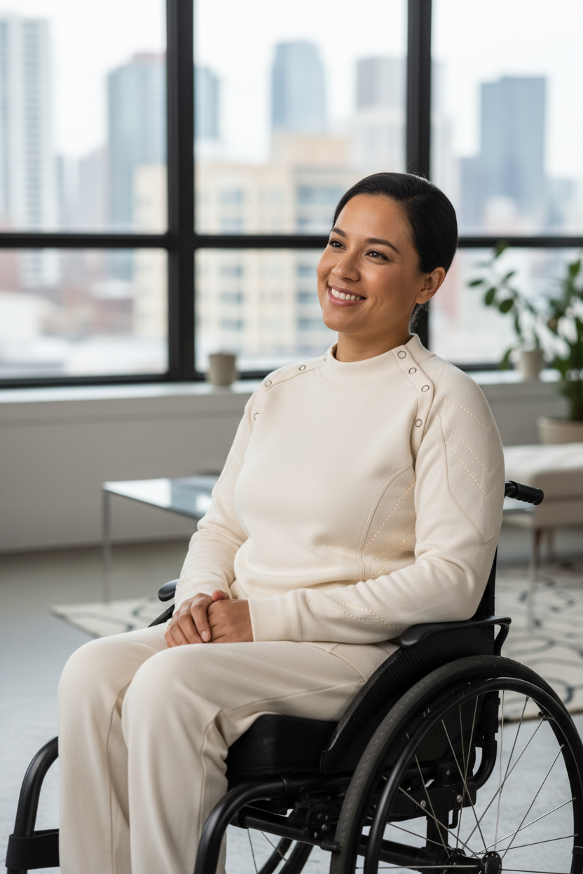 Cream adaptive sweater worn by wheelchair user