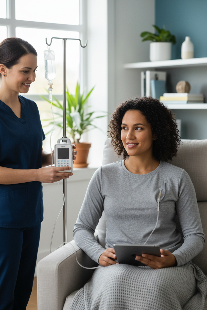 Person receiving infusion wearing adaptive shirt