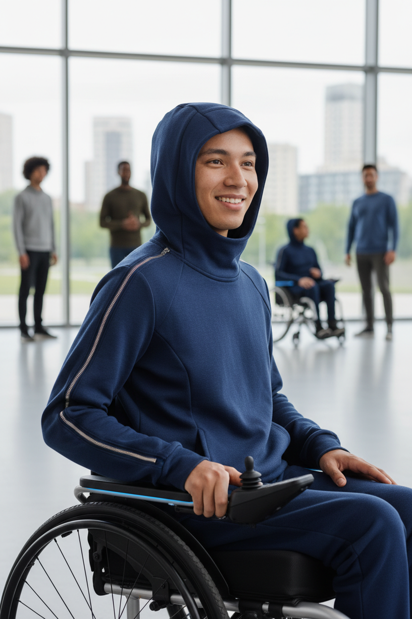 Navy blue adaptive hoodie worn by wheelchair user