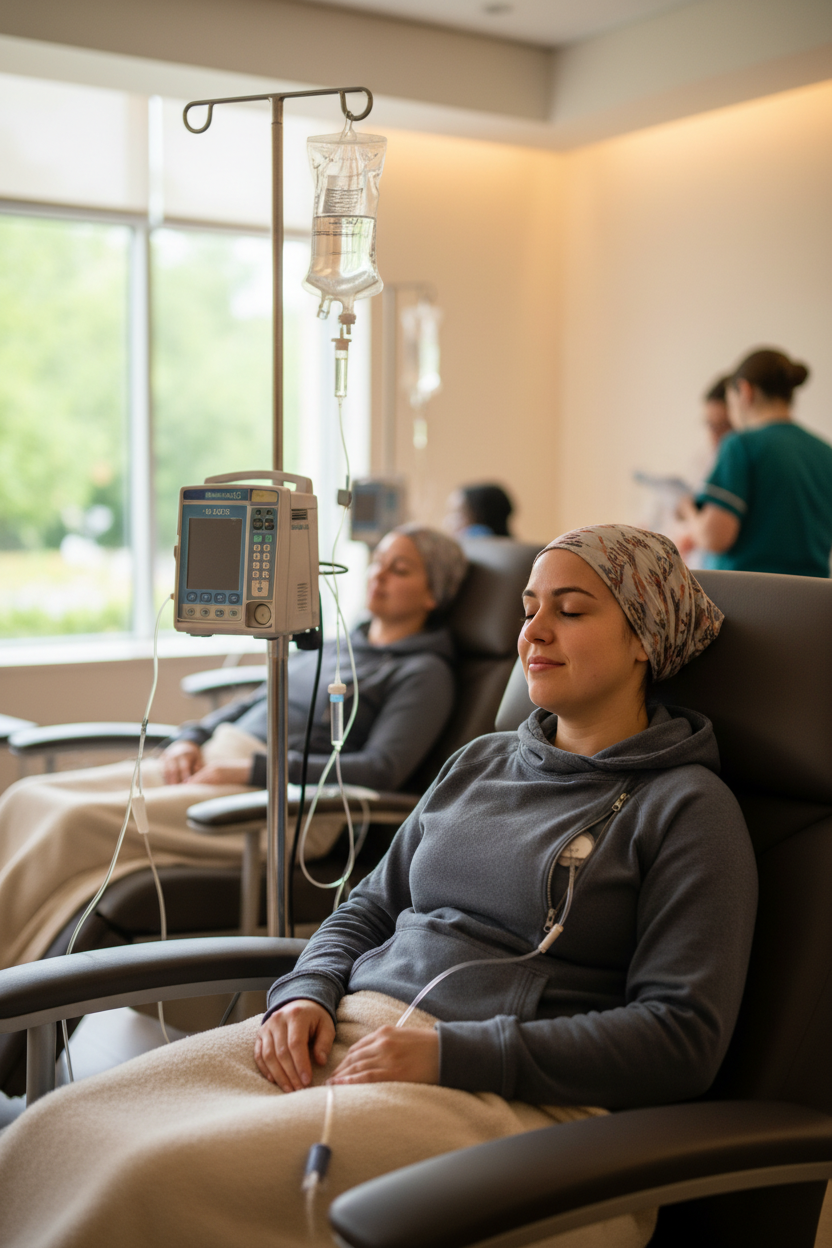 Cancer patient wearing adaptive infusion hoodie during chemotherapy