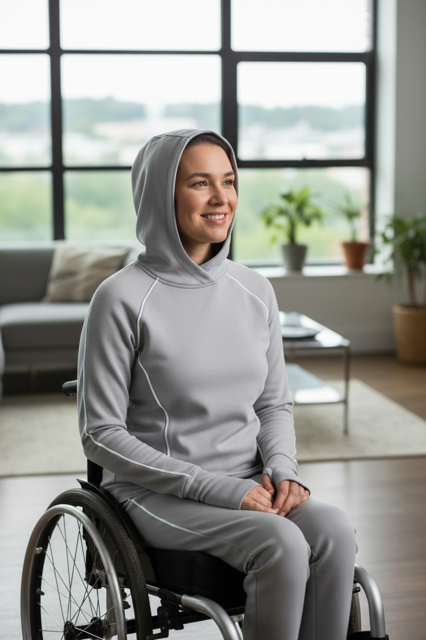 Light gray adaptive hoodie worn by wheelchair user