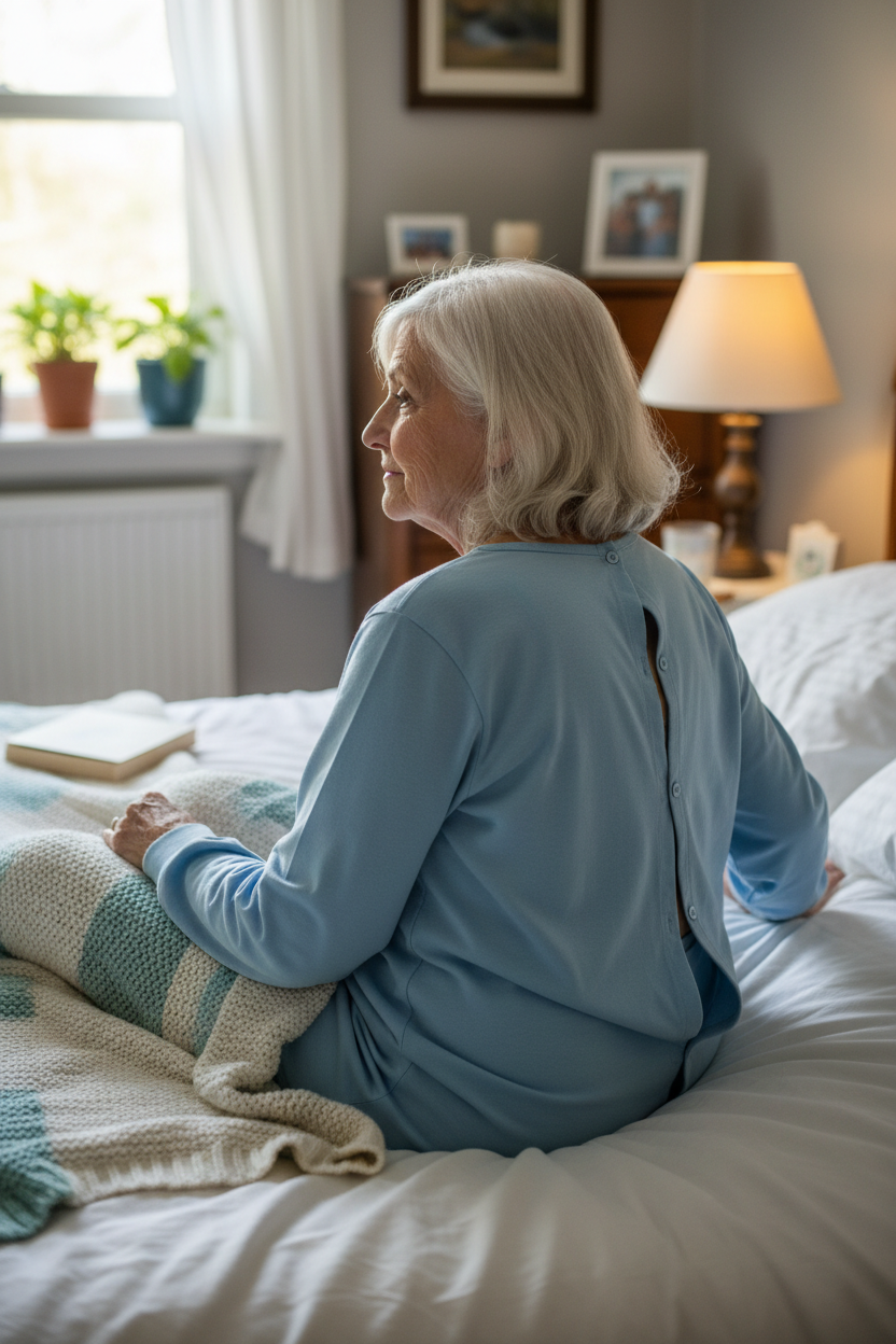 Elderly person in bed wearing adaptive pajamas