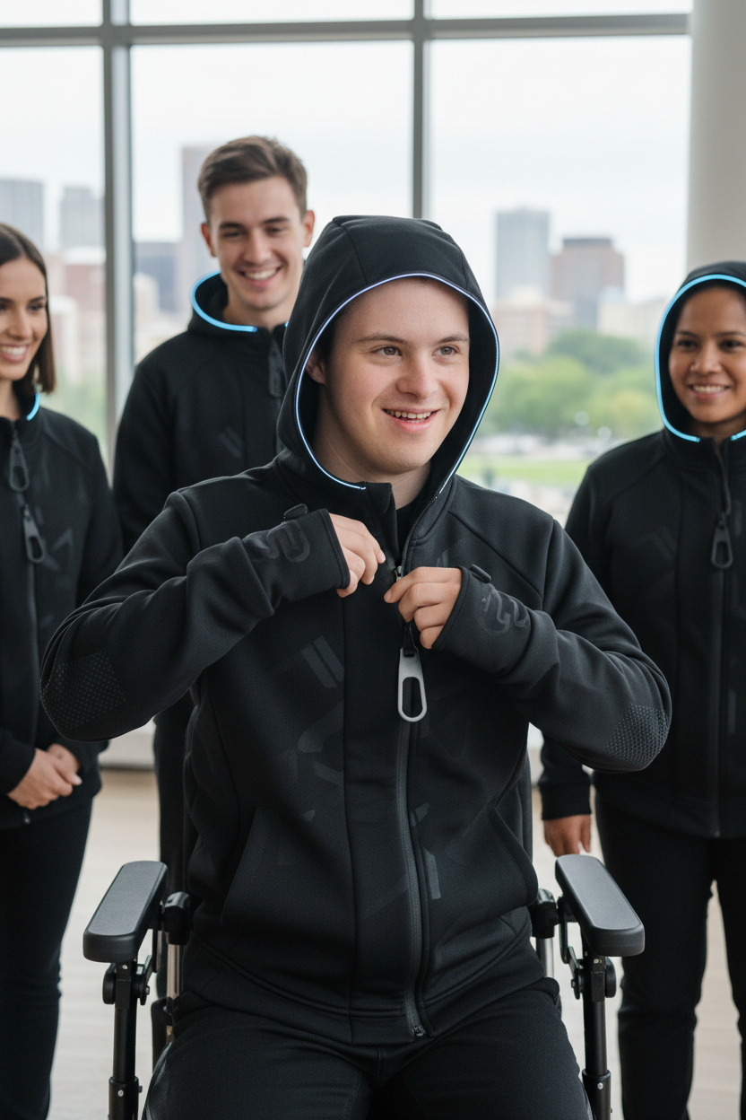 Black adaptive hoodie worn by person with special needs