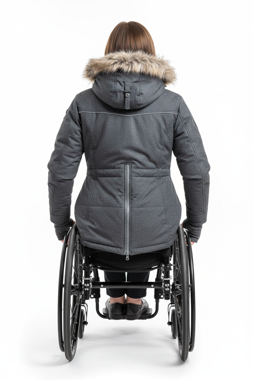 Adaptive wheelchair coat - back view showing shorter length