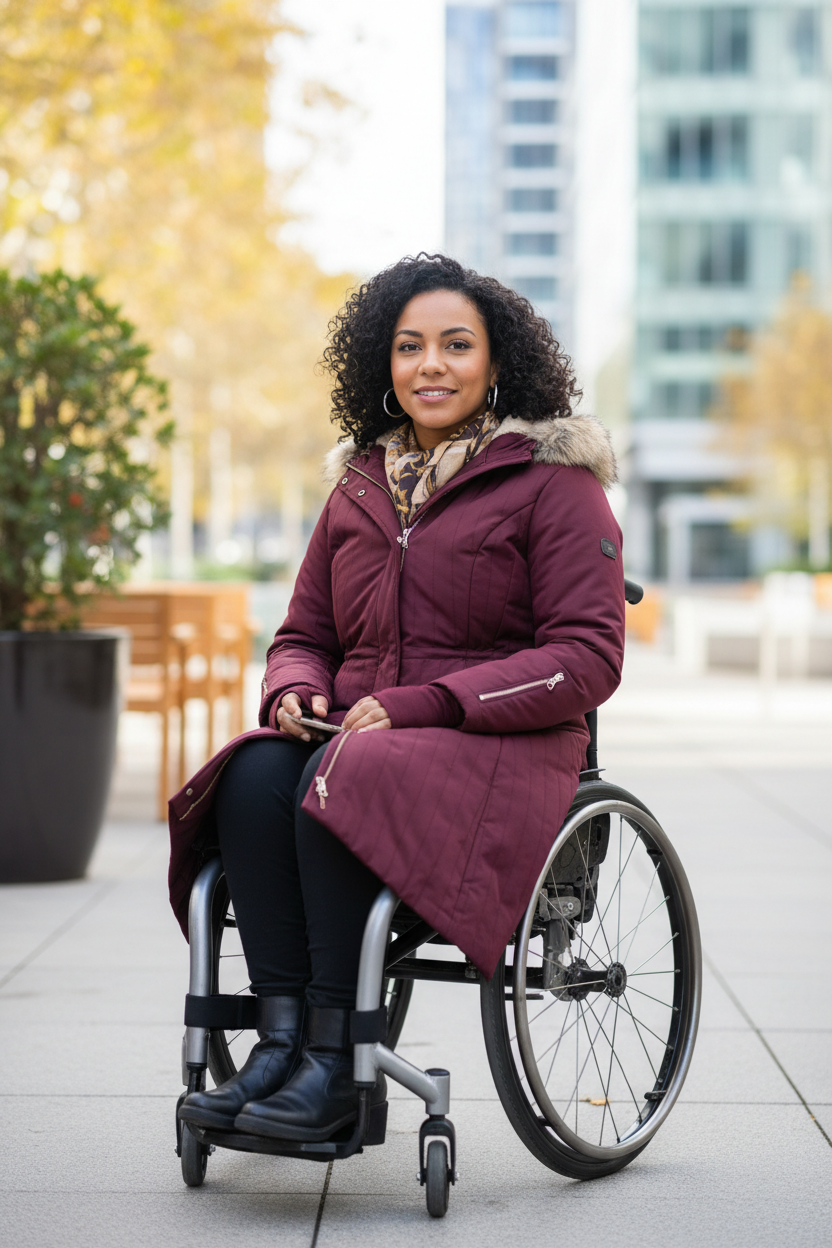 Woman in wheelchair wearing burgundy adaptive coat
