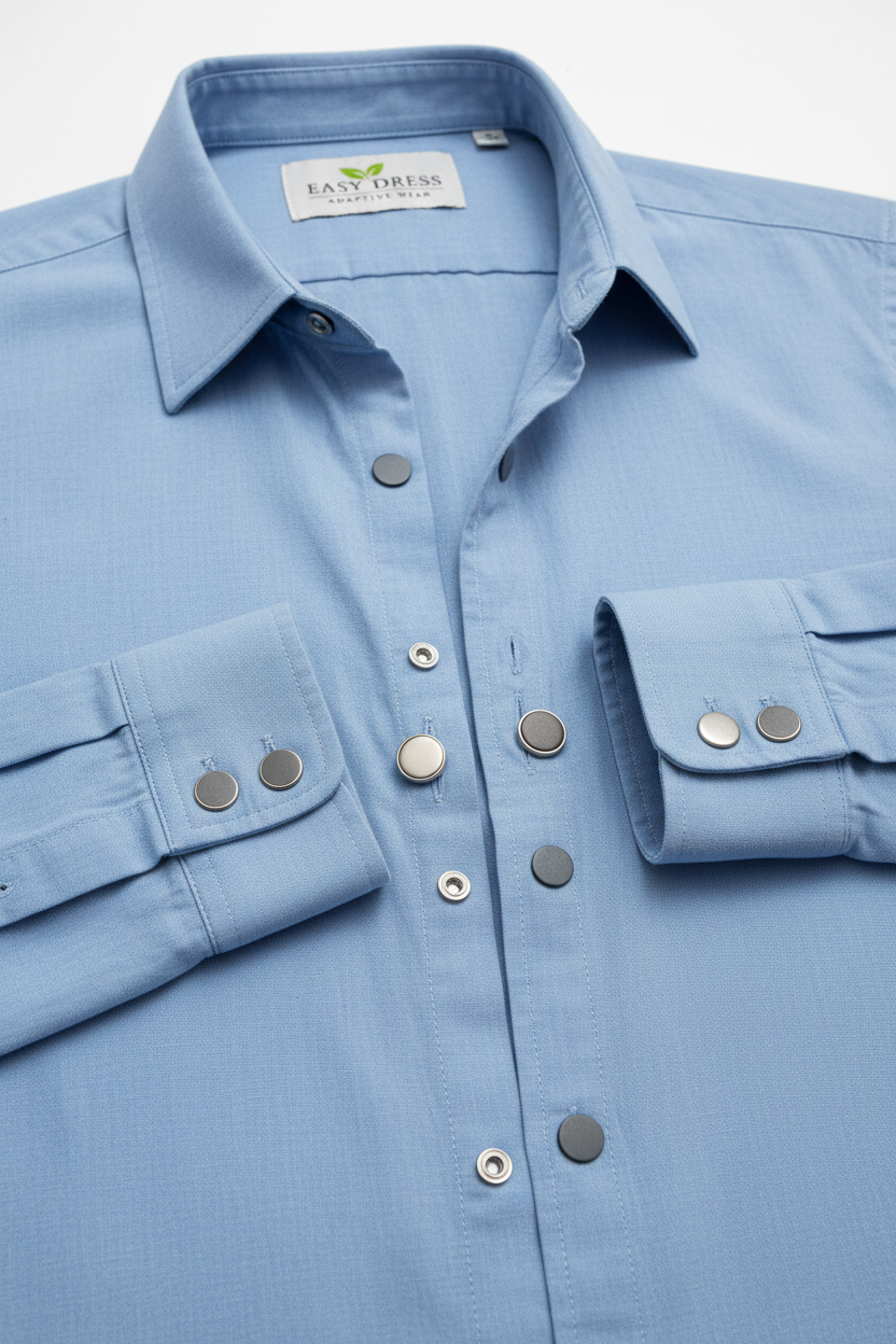 Magnetic button closure detail on adaptive shirt