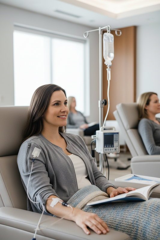 Patient wearing adaptive infusion cardigan during IV treatment