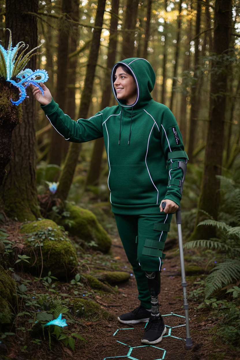 Forest green adaptive hoodie worn by person with disability