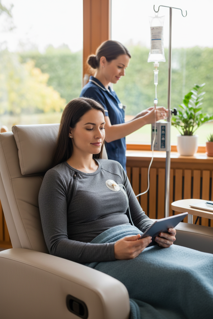 Patient in infusion chair wearing adaptive shirt