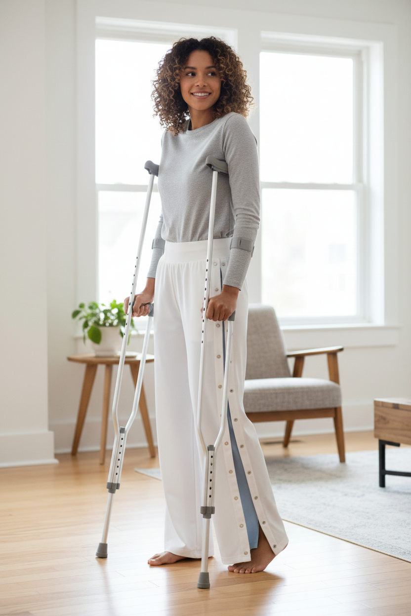 Person on crutches wearing white adaptive pants with side openings