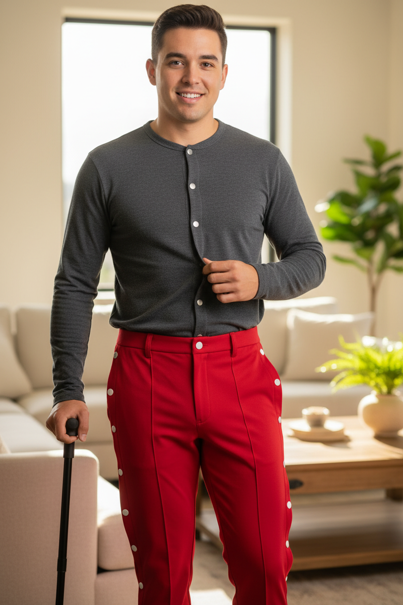 Person wearing red adaptive pants with adaptive shirt