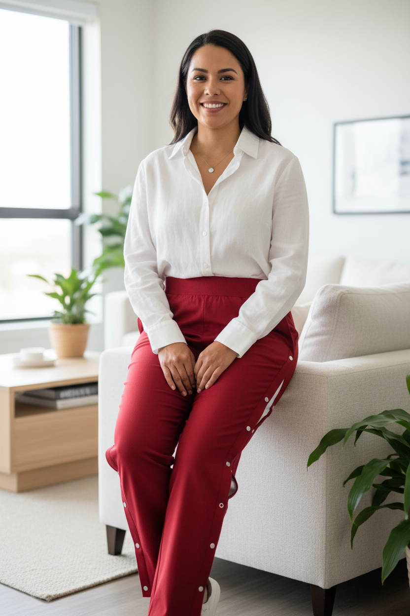 Person wearing red adaptive pants with matching shirt