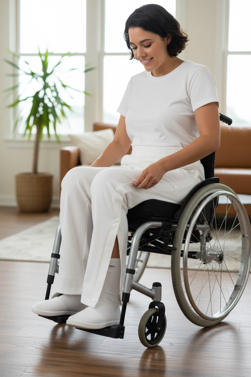 Person wearing white adaptive pants with side openings