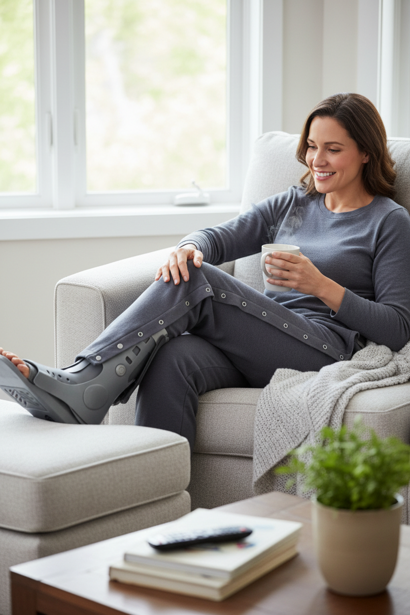 Person with leg fracture wearing adaptive pants with side openings