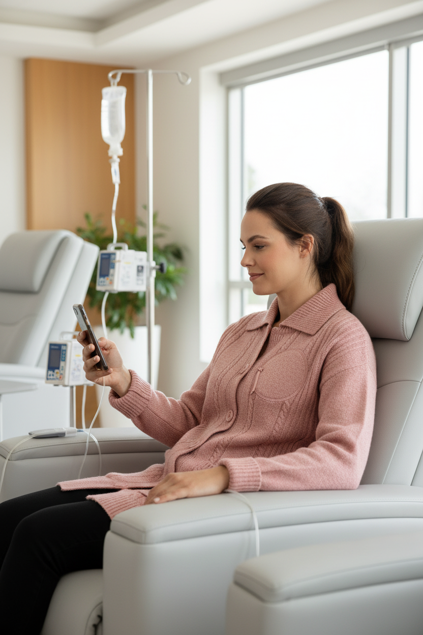 Pink Adaptive Cardigan - Lifestyle in Treatment