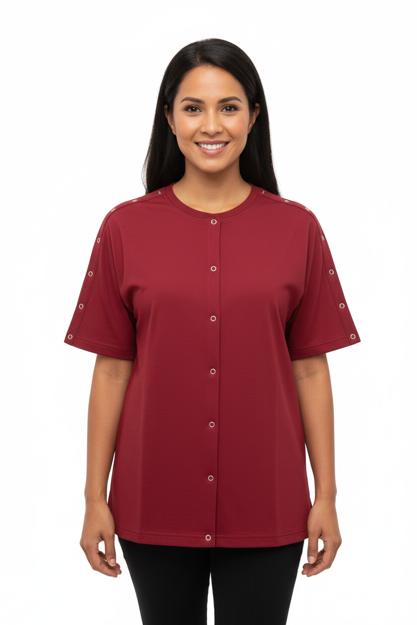 Red Adaptive Post-Surgery Shirt on Model