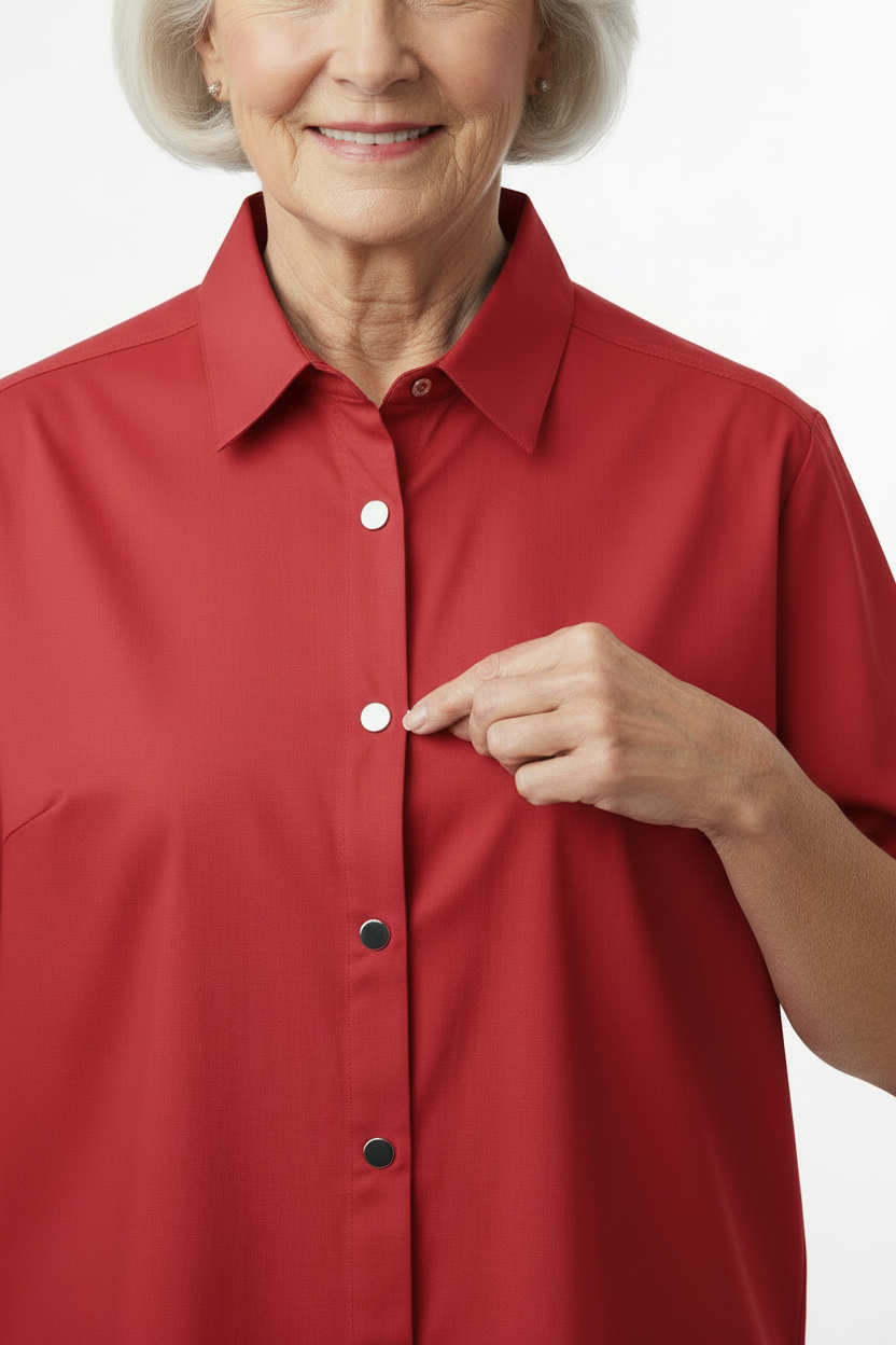 Red Adaptive Shirt - Magnetic Closures Demonstrated